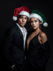 Professional couple portrait with Christmas theme, elegant Santa hats, studio setup with Christmas props, red and green color scheme, fashion photography style, dramatic lighting, high-end magazine
