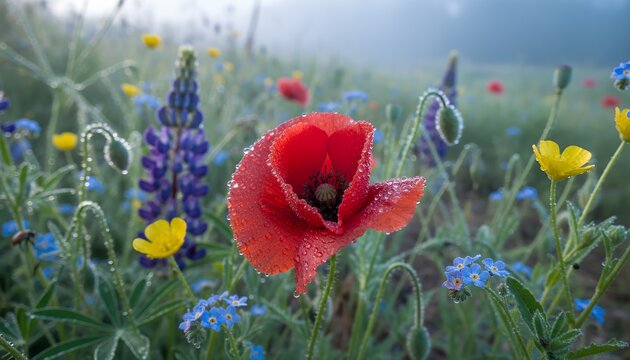 Colorful wildflowers with dew in a misty meadow at dawn native wildflower patch