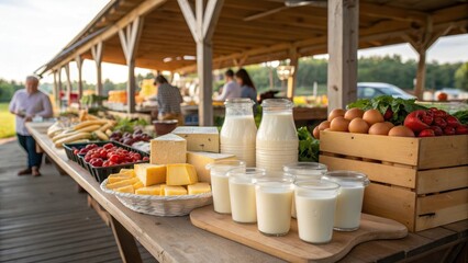 Fresh dairy products display at a farmers market