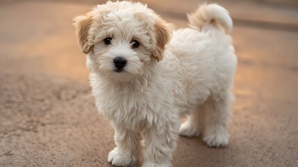 Fluffy, small, light-colored canine companion stands outdoors on a neutral surface