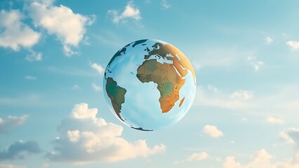 sardonyx. Abstract globe against blue sky with clouds, travel and inspiration concept. tourism brochures, itinerary planners, designed for travel destination branding, used by hospitality managers.