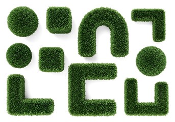 Assorted green topiary shapes isolated on white background