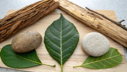 Green leaf and organic elements arranged in balanced composition