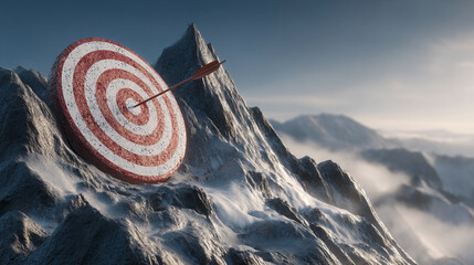 Arrow hitting bullseye target on top of a snowy mountain peak view