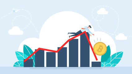 Bitcoin price down. Businessman looking at bitcoin price drop diagram and graph. Man trying holding bitcoin that want to collapse, crypto crash, cryptocurrency falling down. Vector illustration
