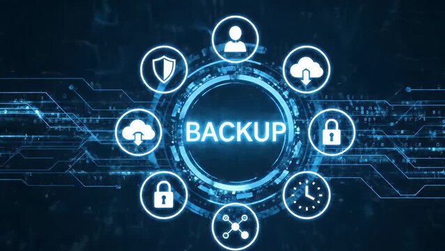 A conceptual illustration of data backup technology on a futuristic digital interface with security and cloud computing icons