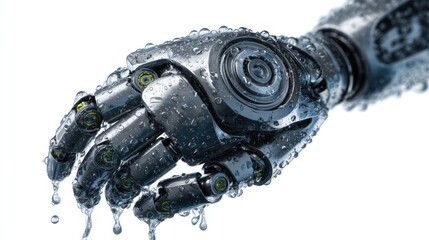 Cybernetic Hand Immersed in Water: A striking metallic cybernetic hand, glistening with water droplets, its intricate design hinting at the intersection of technology and the human form.