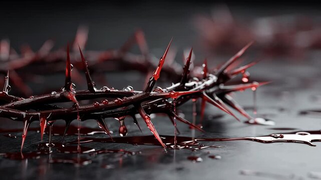 Stunning close-up of a thorny crown with blood droplets on a dark background for religious symbolism and passion themes