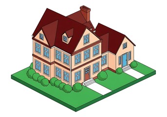 Isometric view of a large suburban house with a red roof
