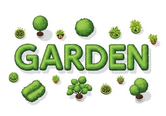 Green garden word art with topiary plant element isolated on white background