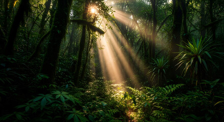 Obraz premium Sunlight Filtering Through Lush Green Forest Canopy, Tropical Scene