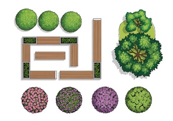Top view of garden elements including trees and seating