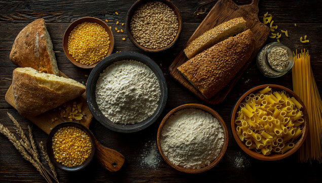 Rustic overhead view of various grains and flours in bowls with bread on wooden surface