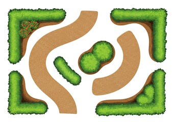Top view of garden path and hedge elements isolated on white background