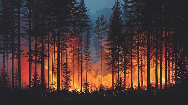Dramatic forest fire with glowing flames amidst tall trees in a smoky atmosphere
