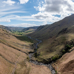 oxendale in great langdale lake district cumbria uk with markeens and kettle crag on the right the langdale fell in the left distance and side pike centre sunny day no people elevated view