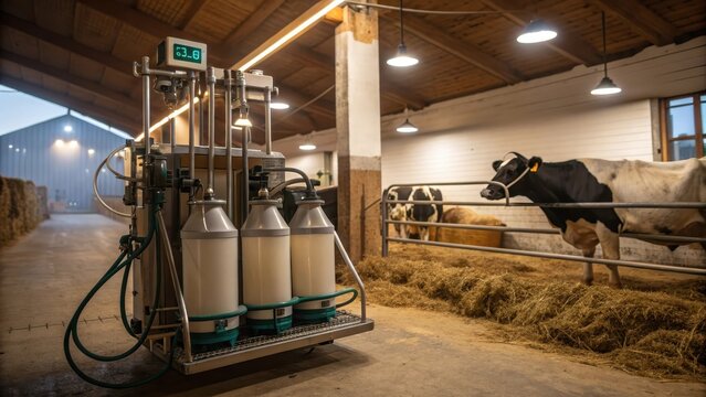 Milking machine in operation next to cows inside a barn
