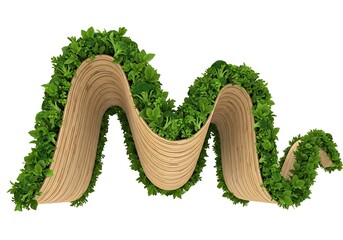 Woven letter m covered in green leaves isolated on white background