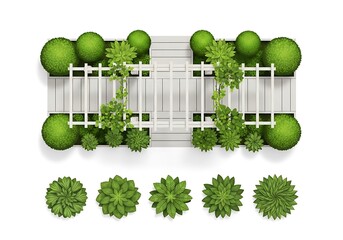 Top view of a garden fence with plants and trees isolated on white background