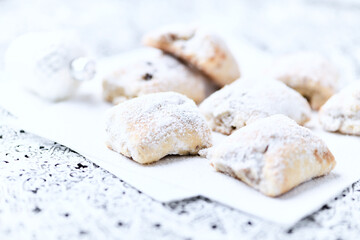 Stollen Bites on bright background. Soft focus. Close up. Copy space.	
