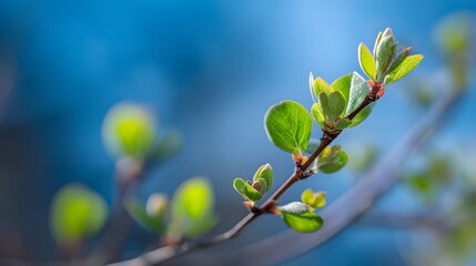 Tender new green leaf buds emerge from a woody branch against a vibrant blue background