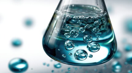 Bubbling Essence: A mesmerizing close-up of a laboratory flask filled with a swirling, effervescent liquid, illustrating the intricacies of scientific research and discovery.