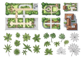 Architectural plans and botanical elements for landscape design