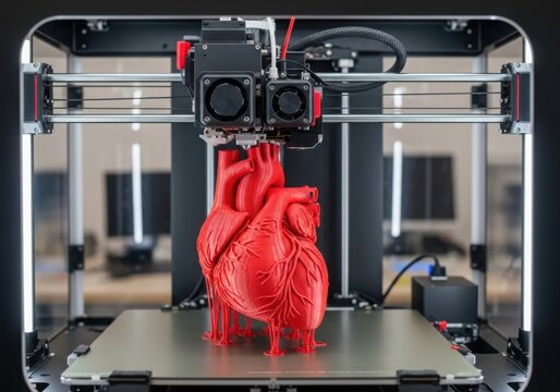 Closeup of a red 3d printed heart being created by a 3d printer