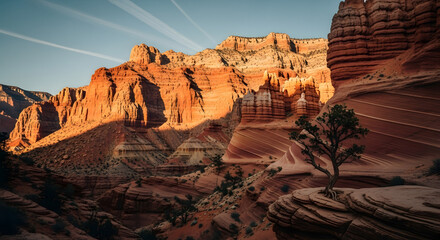 The warm glow of sunset casts long shadows across a beautiful and rugged sandstone canyon landscape with a solitary tree in the foreground