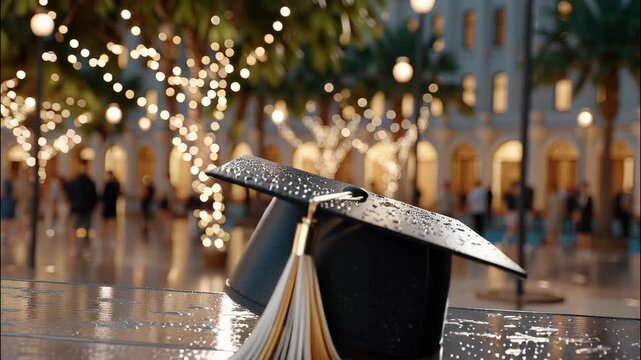 Graduation cap resting on weathered table, cityscape blurring behind, signaling future academic and milestone promise video 4k