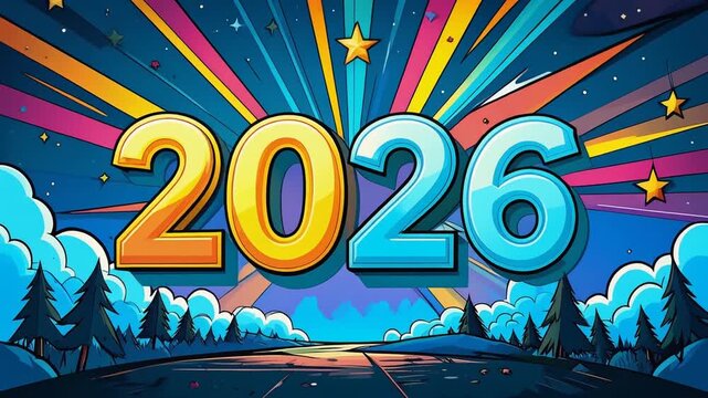 Silvester 2026 im Comicstil mit gro&szlig;em Stern