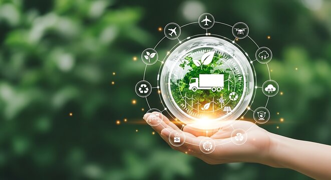 Hand holding a glowing globe with ecofriendly logistics icons