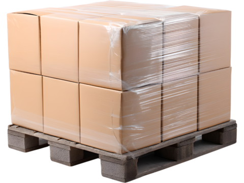 Wooden pallet loaded with cardboard boxes isolated on transparent background, perfect for logistics or warehouse visuals.