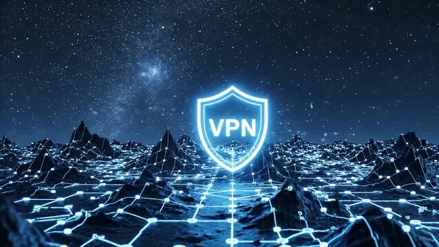 A glowing VPN shield icon symbolizes digital security and data protection over a futuristic network