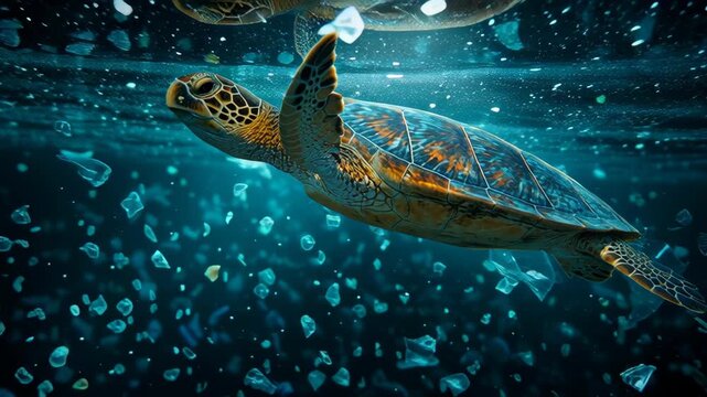 Stunning underwater sea turtle swimming amidst plastic pollution in ocean depths