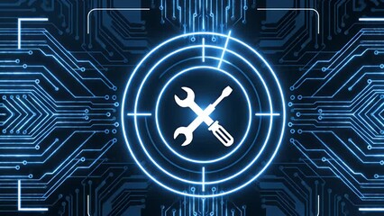 A glowing tool icon representing technical support and maintenance on a futuristic digital interface