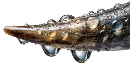 Dew Drops on Nature's Sculpt: A captivating macro shot highlights crystal-clear dew drops clinging to a textured natural surface, showcasing nature's delicate artistry.