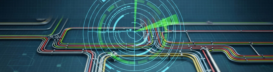 Abstract render of a complex network of colored pipeline connections with a digital radar overlay. Concept for data flow, communication, infrastructure, and technology.