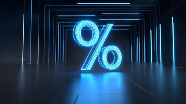 Glowing percentage symbol illuminates a dark, futuristic corridor environment