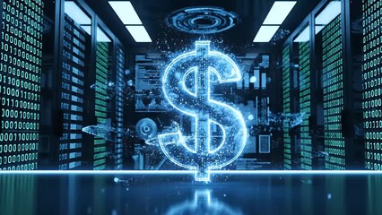 A glowing blue digital dollar sign symbol floats inside a futuristic data center representing fintech - Powered by Adobe
