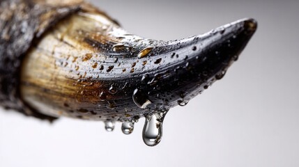Wild Boar Tusk Close-up: A detailed macro shot captures the rugged beauty of a wild boar tusk, its surface glistening with water droplets, revealing intricate textures and natural elements.