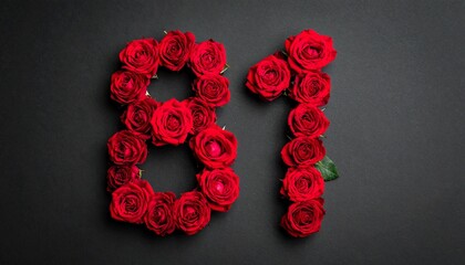Number 81 made out of red roses with black background. Photo for birthday or anniversary party