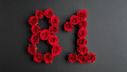 Number 81 made out of red roses with black background. Photo for birthday or anniversary party