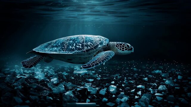 Majestic sea turtle swimming through ocean plastic pollution highlighting the environmental crisis