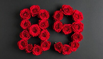Number 89 made out of red roses with black background. Photo for birthday or anniversary party