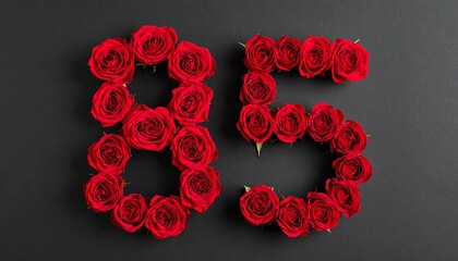 Number 85 made out of red roses with black background. Photo for birthday or anniversary party