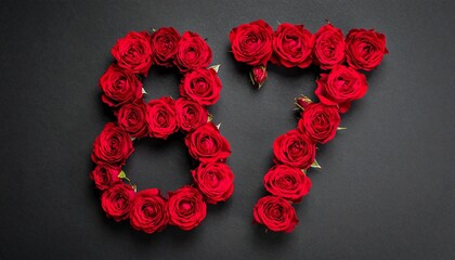 Number 87 made out of red roses with black background. Photo for birthday or anniversary party