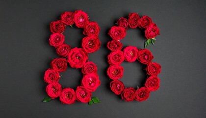 Number 86 made out of red roses with black background. Photo for birthday or anniversary party