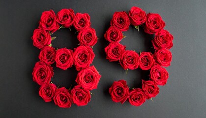 Number 89 made out of red roses with black background. Photo for birthday or anniversary party