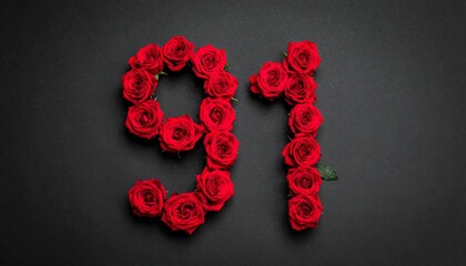 Number 91 made out of red roses with black background. Photo for birthday or anniversary party